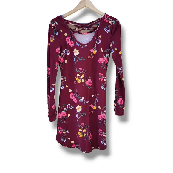 No Boundaries Juniors Burgundy Floral Long Sleeve Dress Small - Picture 2 of 8